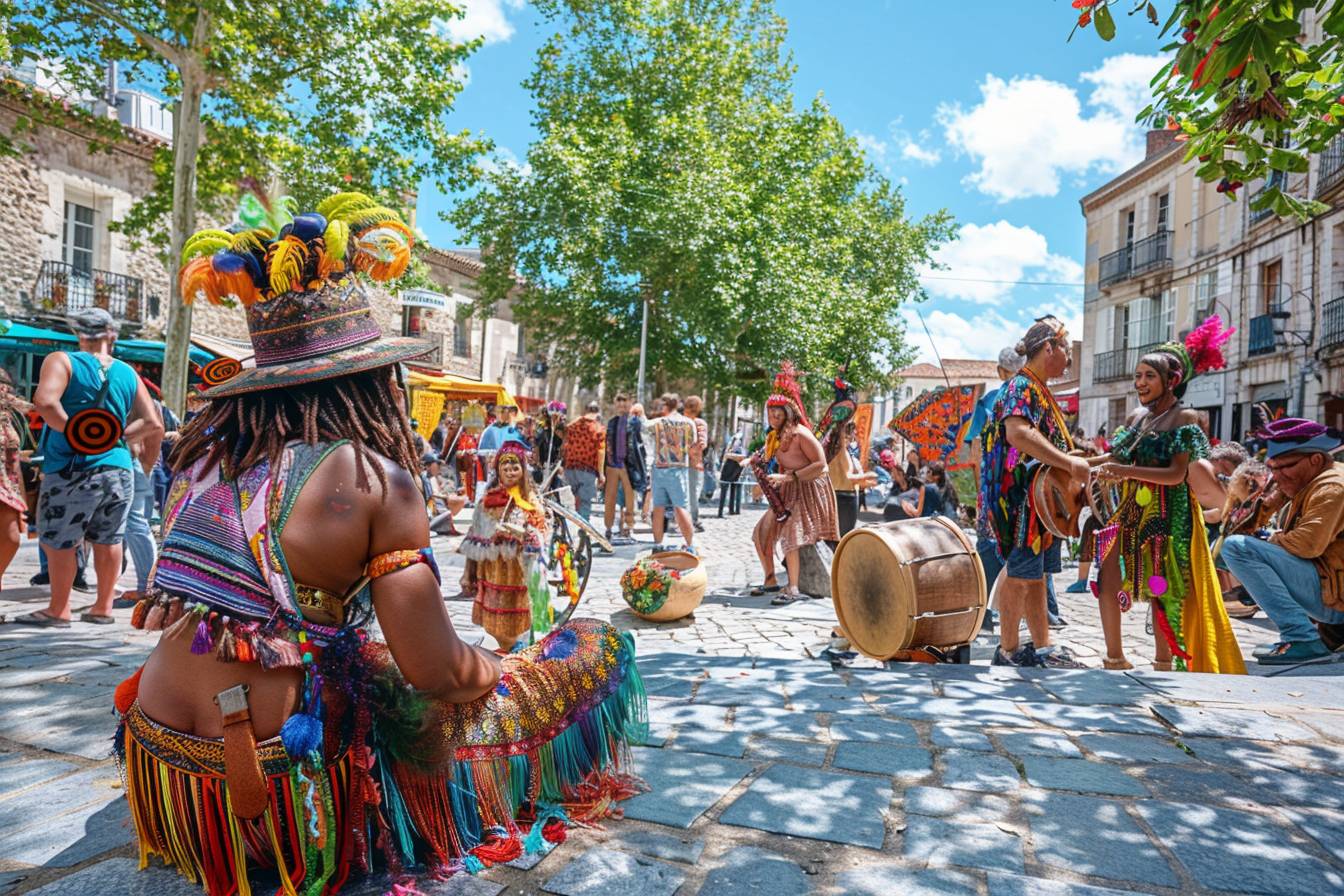 Vue dynamique de la vie culturelle à Niort avec des événements communautaires colorés reflétant la diversité et l'engagement culturel de la ville.